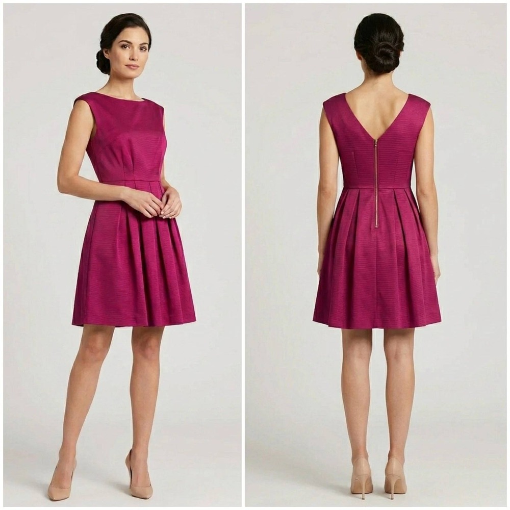 Shoshanna Magenta Pink Pleated Fit Flare Cocktail Dress Sleeveless Pockets 8